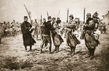 Honouring the brave in the firing-line: a French General giving the accolade to men decorated with the military medal, from 'The Illustrated War News' (litho)