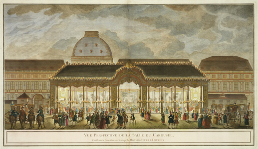 Perspective View of the Carousel Room, constructed for the occasion of the marriage of Monseigneur Le Dauphin, engraved by Oubrier (colour engraving)