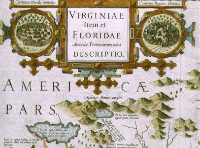 Title cartouche and insets, detail of the map of North Carolina titled 'Virginiae item et Floridae', from the Mercator 'Atlas...' of 1606, pub. by Jodocus Hondius, 1619 (hand coloured engraving) (see also 66818, 81957 & 81959)