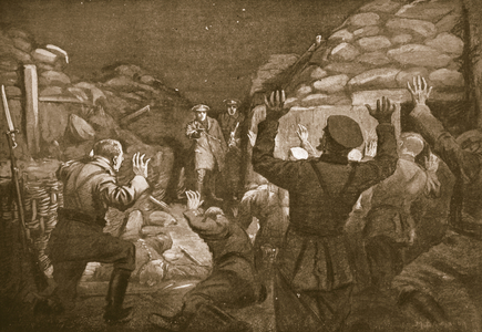 A German Officer and Fourteen of his men cry for mercy to Lieutenant Leach (litho)