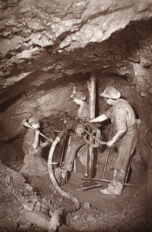 A rock-drill end, East Pool mine, illustration from ''Mongst mines and miners, or Underground Scenes by Flash-Light' by J.C. Burrows and William Thomas, pub. 1893 (sepia photo)