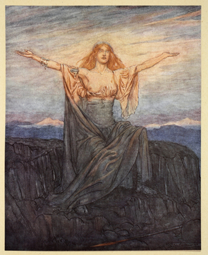 'Sun, I hail thee! Hail, O light! Hail, O glorious day!', illustration from 'Siegfried and the Twilight of the Gods', 1924 (colour litho)