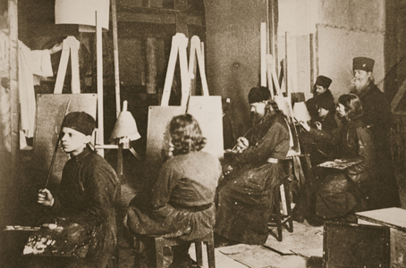 Icon Painting at Valamo monastery on Lake Ladoga, c.1885 (sepia photo)