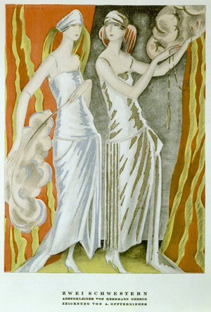 Two sisters in dresses by Hermann Gerson, c.1915 (colour litho)