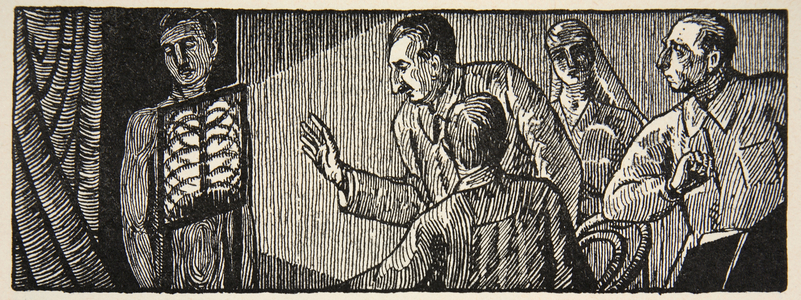 X-Ray session with Dr. W. Julien, illustration from 'Histoire de la Nation Francaise', Sciences, Volumes I & II, by Gabriel Hanotaux (1853-1944), 1924 (litho)