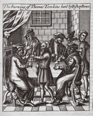 The burning of Thomas Tomkins' hand by Bishop Boner, illustration from 'Acts and Monuments' by John Foxe, ninth edition, pub. 1684 (litho)