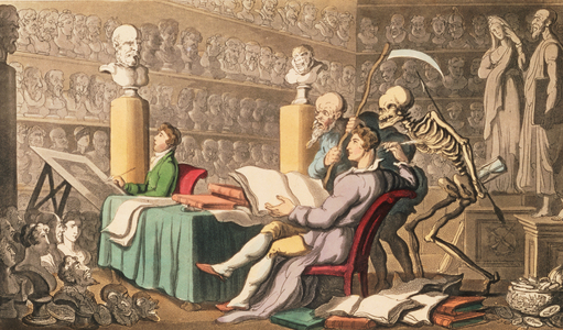 "Time and Death their Thoughts Impart/On Works of Learning and of Art", from the 'English Dance of Death' pub. by Rudolph Ackermann (1764-1834) 1814 (aquatint)