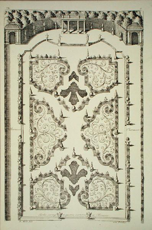 Garden divided by four parterres and terraces (engraving)