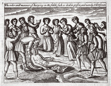 The order and manner of burying in the fields such as died in prison, and namely, Will Wiseman, illustration from 'Acts and Monuments' by John Foxe, ninth edition, pub. 1684 (litho)