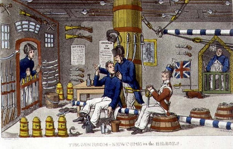 The Gun Room, Newcome in the Bilboes, plate from 'The Adventures of Johnny Newcome in the Navy' by John Mitford (1782-1831) 1818 (litho)
