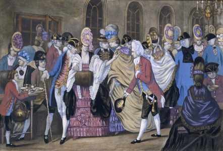 The Bread and Butter Manufactory, or the Humors of Bagnigge Wells, pub. By Carington Bowles, 1772 (coloured engraving)    99:Macaroni style; traditional costume; traditional dress; fashion; kettle; cups; tea; fashionable; male; female; society;