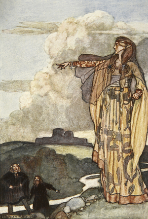 Macha curses the Men of Ulster, illustration from 'Cuchulain, The Hound of Ulster', by Eleanor Hull (1860-1935), 1904 (colour litho)