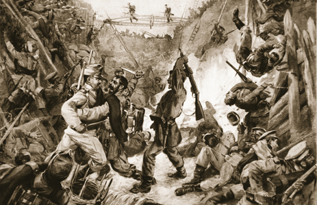 An Episode in the long struggle for Przemysl: Hand-to-hand fighting in a trench stormed by the Russians, from 'The Illustrated War News' (litho)