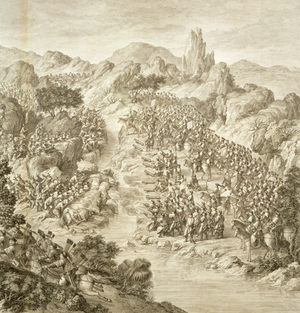 The First Battle between the Chinese Army and that of the Eleuths in 1759, detail of fighting across the river, plate 10 from a series of prints representing the conquests of Qianlong, the Emperor of China, engraved by Nicolas Delaunay (1739-92) 1772 (engraving)