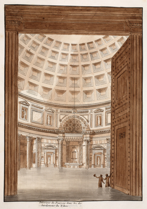 Interior of the Pantheon after the Tiber broke its banks, 1833 (etching with brown wash)