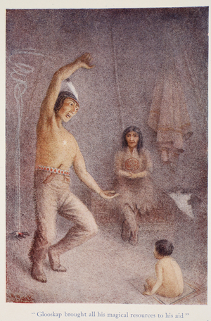 Glooskap brought all his magical resources to his aid, illustration from 'Myths and Legends of the North-American Indians' by Lewis Spence (colour litho)