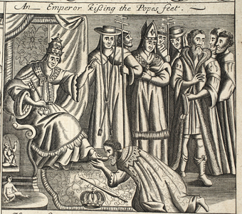 An Emperor kissing the Pope's feet, illustration from 'Acts and Monuments' by John Foxe, ninth edition, pub. 1684 (litho)