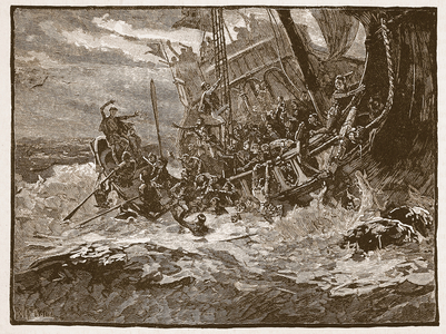 Shipwreck of Prince William, illustration from 'Cassell's Illustrated History of England' (engraving) (sepia photo)
