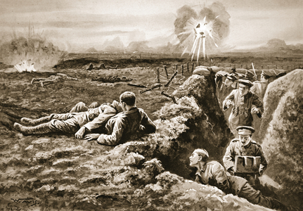 Lance-Corporal Tombs dragging back a severely wounded man by means of a rifle-sling placed roud his own neck and the man's body (litho)