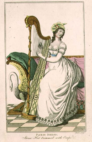 Woman in a Paris Dress and a Straw Hat Trimmed with Crepe Playing the Harp, illustration from the 'Ladies' Magazine', engraved by J. Mutlow (fl.1810-40) c.1817 (engraving)