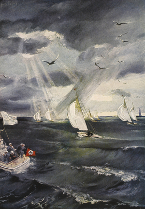 The Storm Regatta of the 6m R-Class boats in the sailing competition of the XI Olympics on the Kiel Fjord, 1936 (colour litho)