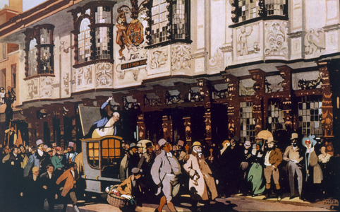 Mr Pickwick passing the Ancient House, Ipswich, poster advertising British railway travel (colour litho)
