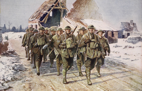 British troops on the march in winter conditions, 1914-19 (colour litho)