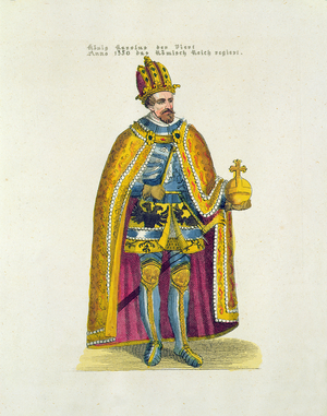 Foundation of German University in 1348 in Prague by Holy Roman Emperor Charles IV (1316-78), early twentieth century postcard (colour litho)