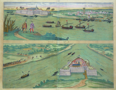Two Views of Comorra, from 'Civitates Orbis Terrarum' by Georg Braun (1541-1622) and Frans Hogenburg (1535-90), c.1572 (coloured engraving)
