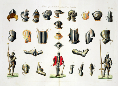 Separate Pieces of a Knight's Armour, plate 15 from 'The History of the Nations', engraved by G. Lago (engraving)