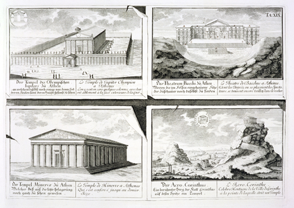 Views of four Classical Buildings: The Temple of Olympian Zeus, the Theatre of Dionysus in Athens, the Temple of Athena in Athens and a Temple in Corinth, from 'Entwurf einer historischen Architektur', 1721 (engraving)