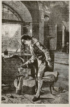 James Watt experimenting (litho)