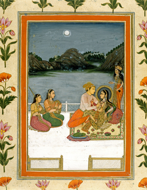 Lovers on a terrace by a moonlit lake, from the Small Clive Album (opaque w/c on paper)