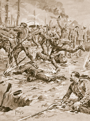 Corporal G. Sanders and his party driving off a German attack and rescuing some prisoners (litho)