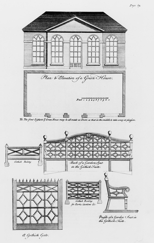 Plan and elevation of a green house, and garden designs in the gothic style, from 'The Builder's Companion and Workman's General Assistant', published 1783 (engraving) (b/w photo)