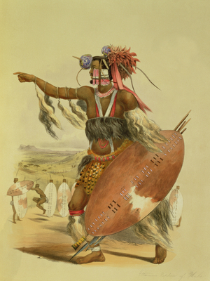 Zulu warrior, Utimuni, nephew of Chaka the late Zulu king, plate 13 from 'The Kafirs Illustrated', 1849 (litho)