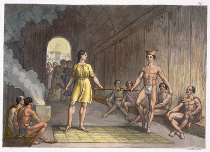 A Canadian Indian marriage ceremony, from 'Le Costume Ancien et Moderne', Volume I, plate 34, by Jules Ferrario, published c.1820s-30s (colour litho)