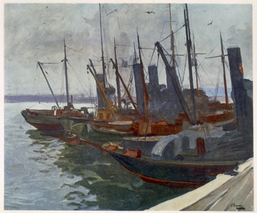 Minesweepers in Harbour, from British Artists at the Front, Continuation of The Western Front, 1918 (colour litho)