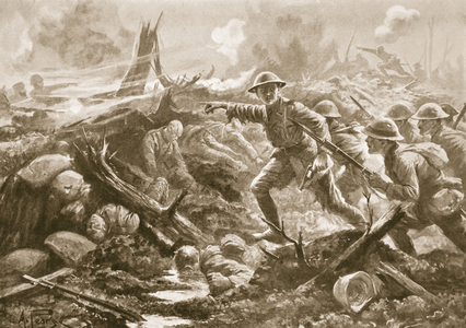 Lieutenant (Temporary Lieutenant-Colonel) R.B. Bradford, MC, rallies the men of another battalion and leads them forward with his own battalion (litho)