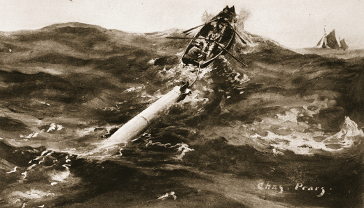 Bringing in lost 'tin fish': the finders of a derelict torpedo towing their salvage, from 'The Illustrated War News' (litho)