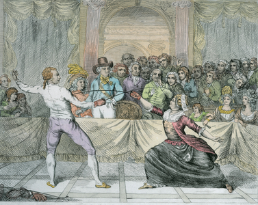 The Chevalier d'Eon, dressed as a woman, in a fencing match (engraving) (later colouration)
