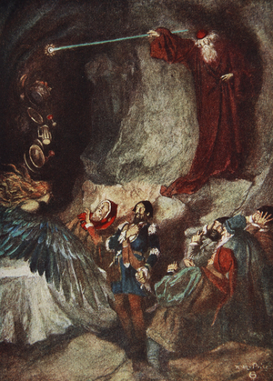 The Feast vanished away, The Tempest Act III, Scene 3, illustration from 'Tales from Shakespeare' by Charles and Mary Lamb, 1905 (colour litho)