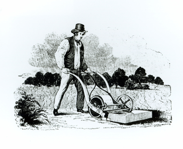 The first lawnmower (engraving) (b/w photo)