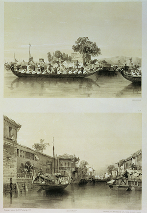 The French Folly and a Salt Merchant's House on the Honan-Canton Canal, plates 27 and 28 from 'Sketches of China', engraved by Eugene Ciceri (1813-90) 1842 (tinted litho)