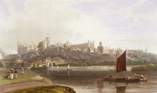 Windsor Castle from the River Meadow on the Thames, from a compelition of views of Windsor, Eton and Virginia Water, c.1827-30 (colour litho)