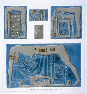 Emblatic Reliefs, concerning myths of creation, from 'Voyage dans la Basse et la Haute-Egypte', 1802 (colour litho)