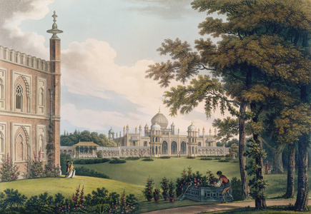 Brighton Pavilion showing gardens, engraved by Joseph Constantine Stadler (fl.1780-1812), early 19th century (colour litho)