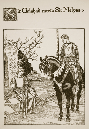 Sir Galahad meets Sir Melyas, illustration from 'The Story of the Grail and the Passing of Arthur', c.1910 (litho)