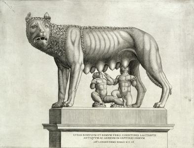 Drawing of the Etruscan bronze of the she-wolf suckling Romulus and Remus, 5th century BC, in the Capitoline Museum, 1552 (engraving)