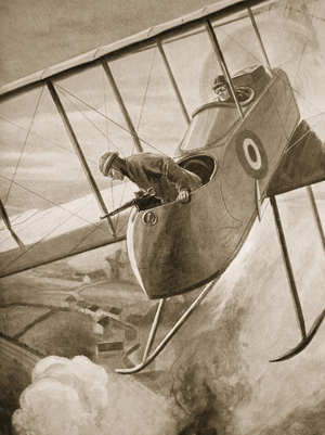 Lieutenant Carmichael dropping bombs on the rails at Menin railway station from a height of only one hundred and twenty feet (litho)